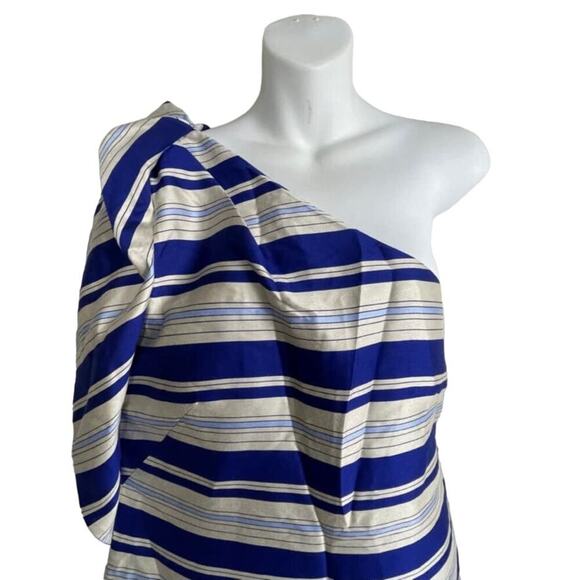 NWT Banana Republic One-Shoulder Bow Sheath Dress Womens Sz 10 Blue Ivory Stripe - Picture 5 of 11
